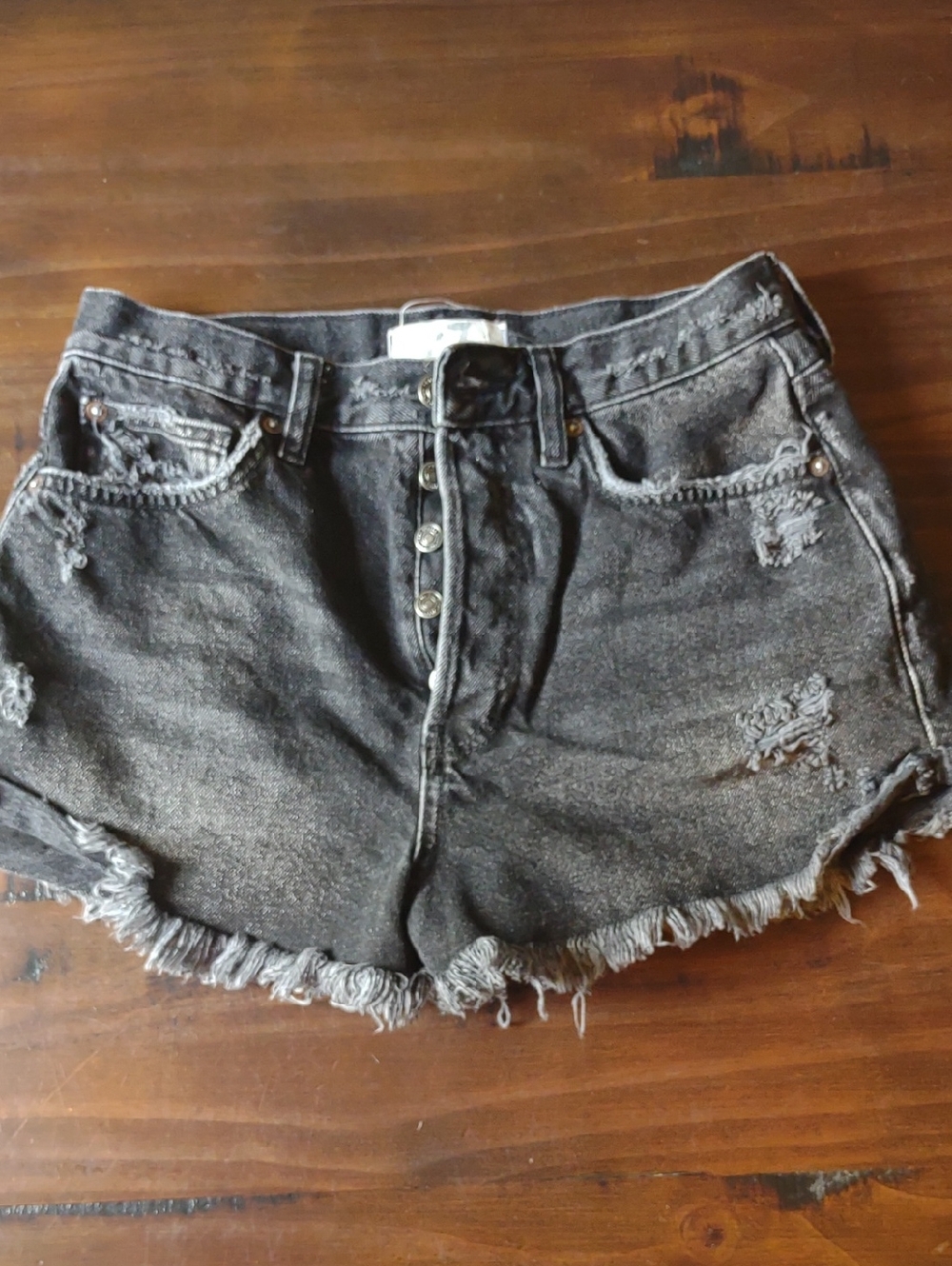 High-Rise Distressed Black Denim Shorts